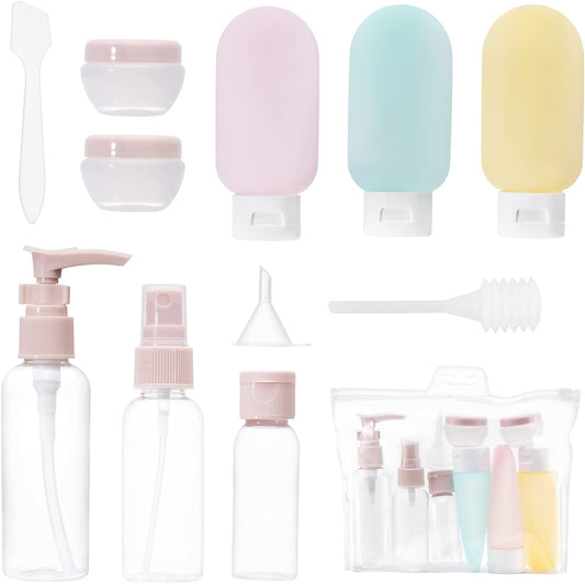 Carehabi Lot De 11 Flacon Voyage Kit, Contenant De Voyage À Remplir 30/50/60/80Ml, Flacons Pulvérisateurs Vides Transparents, Petite Boîte De Crème, Distributeur À Pompe Shampoing Accessoire Avion